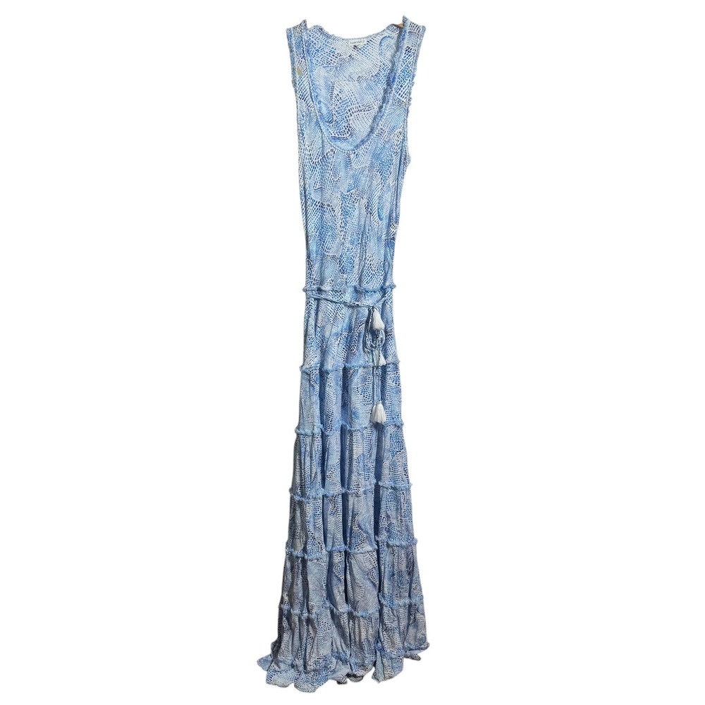 Poupette St Barth Blue White Snakeskin Tiered Maxi Dress Tassel Belt Small Stain